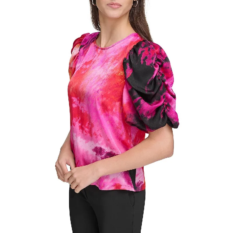 Womens Crewneck Printed Pullover Top Tapered Sleeve Pullover