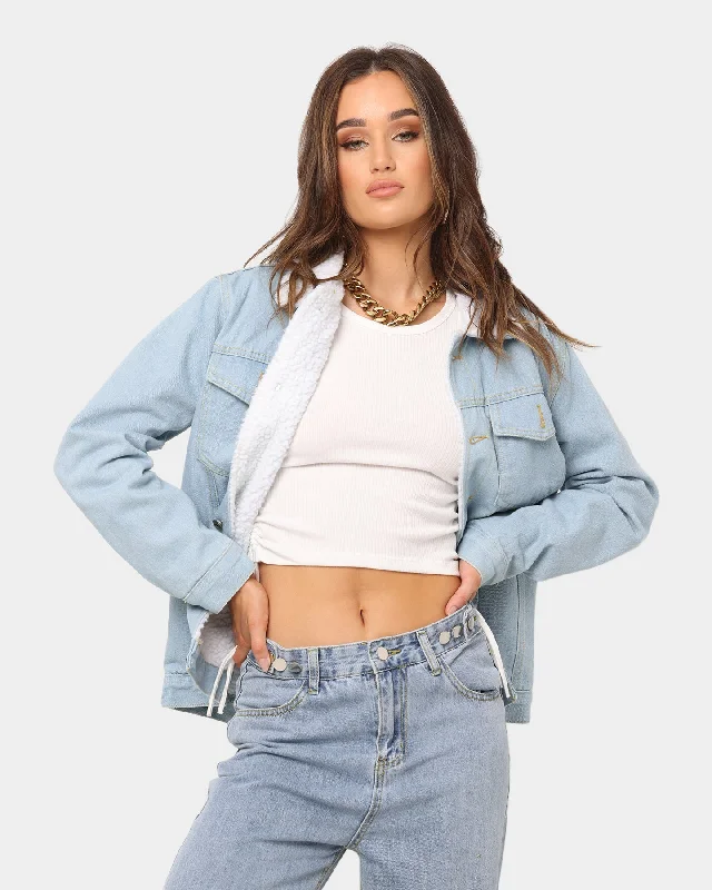 XXIII Women's Ray Sherpa Jacket Blue Denim Bomber Jacket Anorak Windbreaker