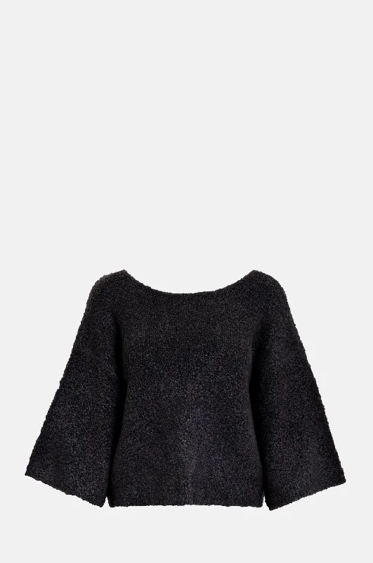 Talima Cropped Knit Pullover Black Notched Neck Pullover