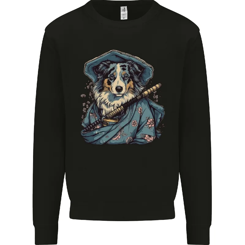 Australian Sheepdog Samurai Warrior Fantasy Mens Sweatshirt Jumper Hoodie with V-Neck Classic Versatile