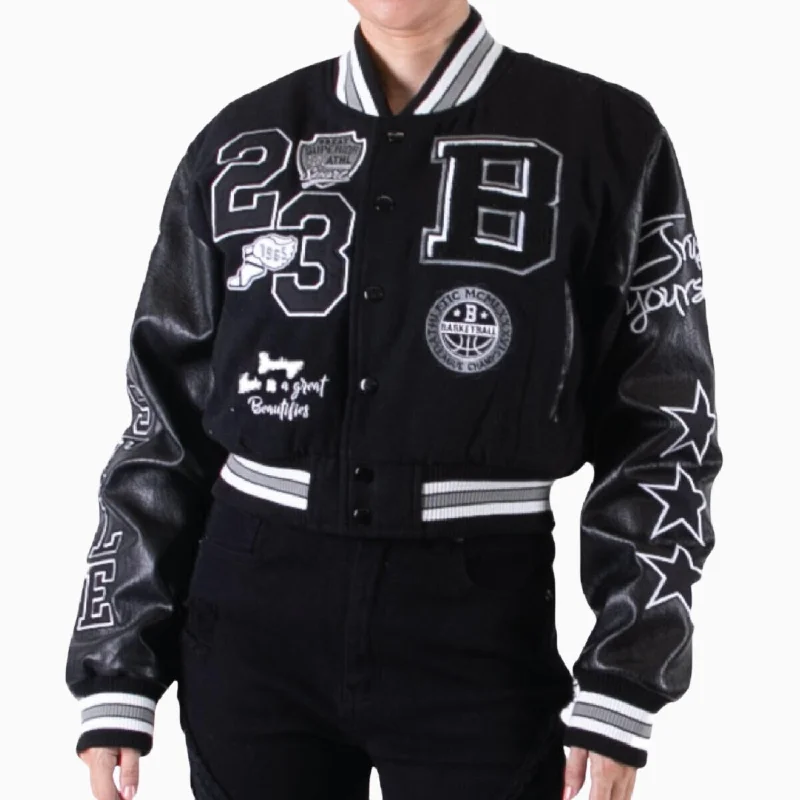 Women's Wool Crop Varsity Jacket With Patch Satin Fabric Silk Fabric Chiffon Fabric