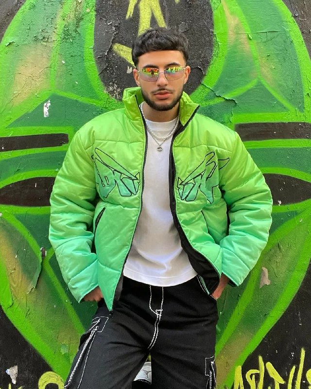 Loiter Cyber Gradient Puffer Jacket Neon Green Embroidered Jacket Appliqued Jacket Beaded Jacket