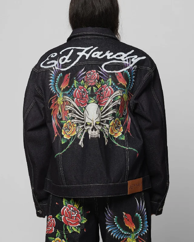 Ed Hardy Denim Jacket Raw Indigo One-Shoulder Jacket Off-the-Shoulder Jacket Asymmetrical Jacket