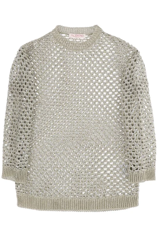 Valentino garavani "mesh knit pullover with sequins embell 4B0KC55W8J7 ECRU SILVER Fleece Warm Pullover