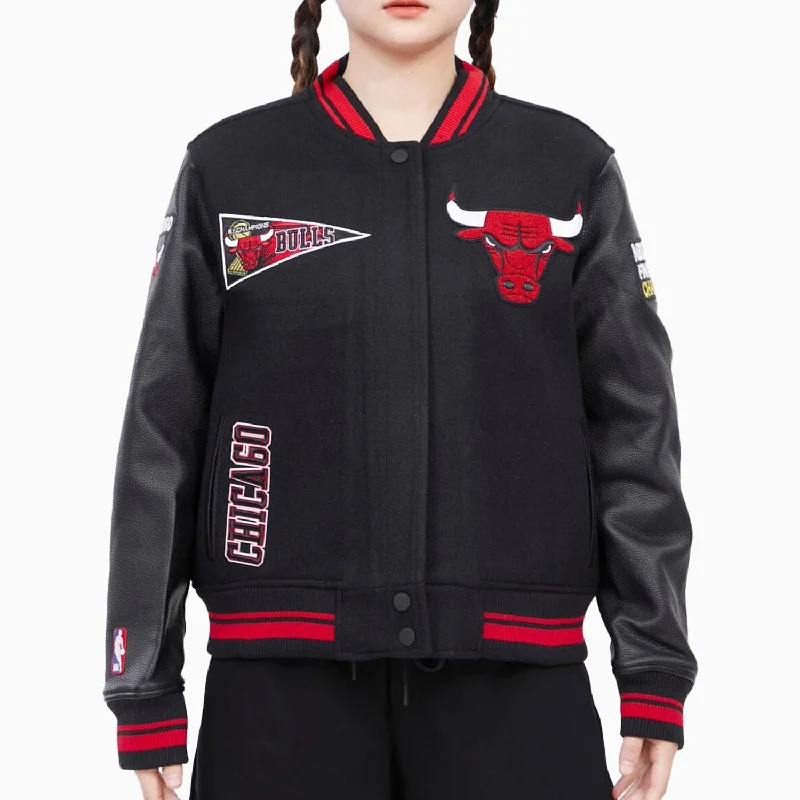 Women's Chicago Bulls Retro Classic Rib Wool Varsity Jacket Front Pockets Side Pockets Patch Pockets