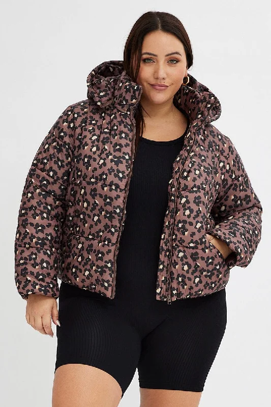 Brown Animal Print Puffer Jacket Long Sleeve Leopard Rayon Jacket Velvet Jacket Corduroy Jacket