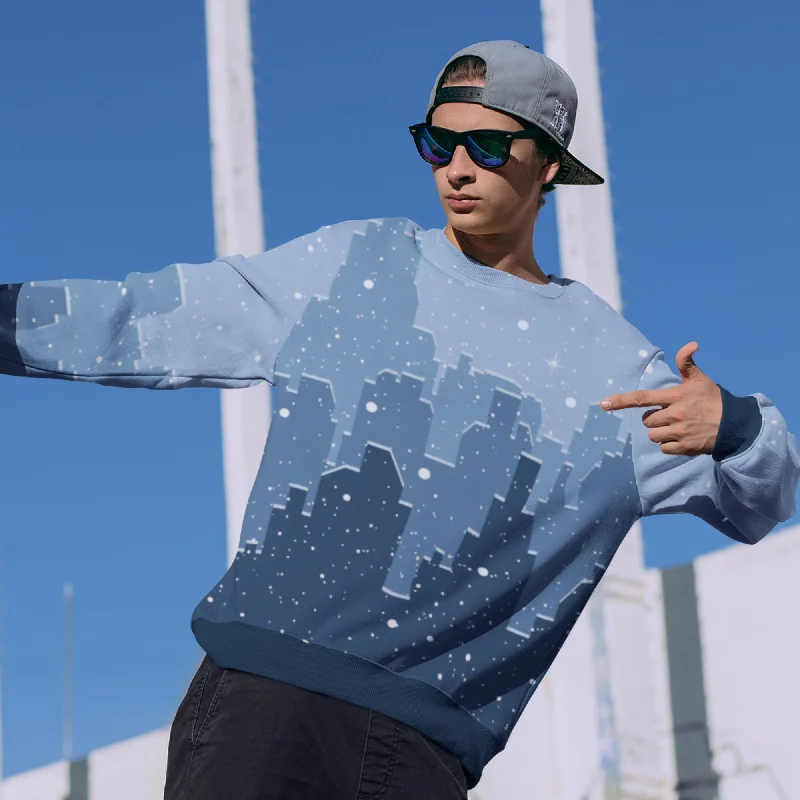 65 MCMLXV Unisex Blue Snowy Winter Cityscape Print Sweatshirt Hoodie with Oversized Fit Loose Comfortable