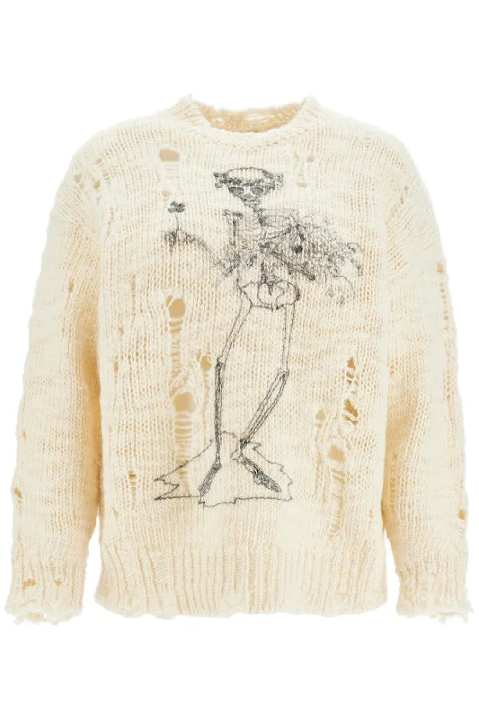 destroyed pullover with skeleton print. R13WY089 Y142B CREAM High Neck Pullover