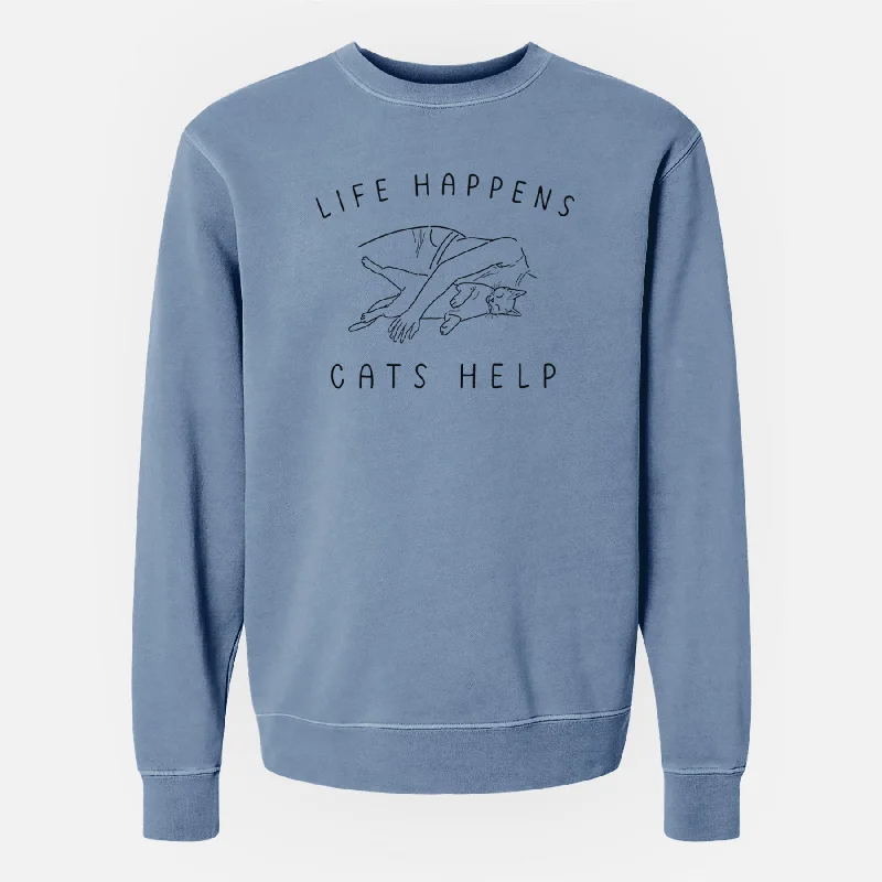 Life Happens Cats Help - Shorthair Cat - Unisex Pigment Dyed Crew Sweatshirt Hoodie with Drop Shoulder Relaxed Streetwear