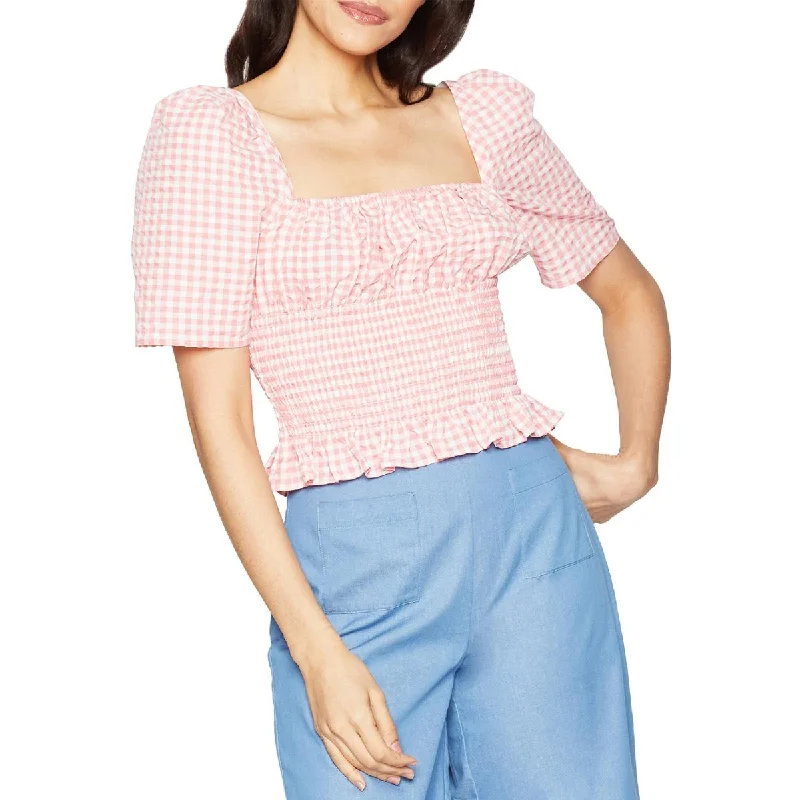 BCBGeneration Women's Gingham Smocked Short Sleeve Pullover Top Blouson Sleeve Pullover