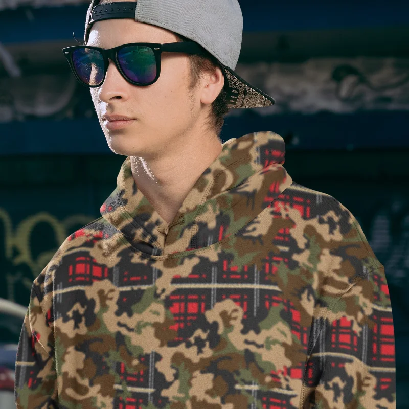 65 MCMLXV Unisex Woodland Camouflage & Red Plaid Print Fleece Pull-over Hoodie Hoodie with Full-Zip Functional Layering