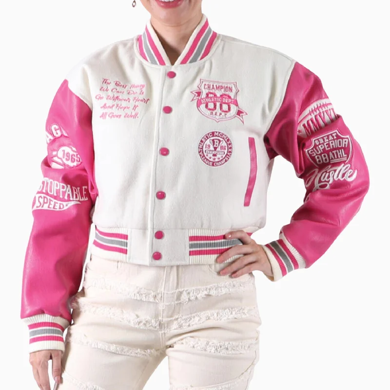 Women's Wool Crop Varsity Jacket With Patches Denim Fabric Leather Fabric Suede Fabric