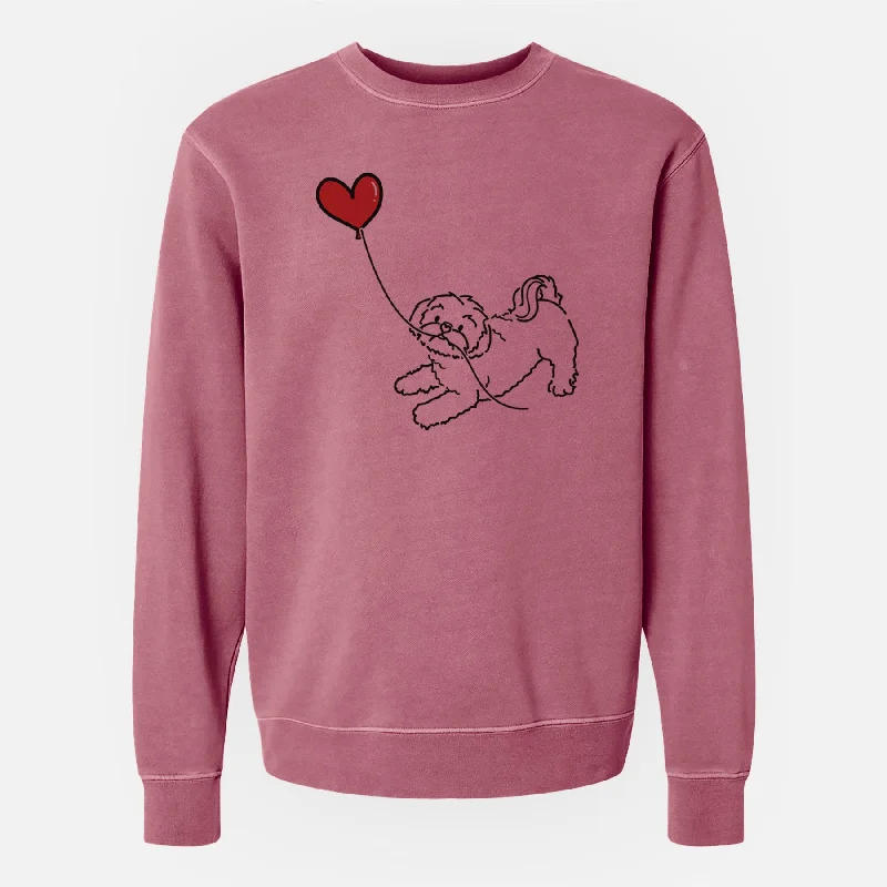 Shih Tzu Puppy Cut Heart String - Unisex Pigment Dyed Crew Sweatshirt Hoodie with Distressed Vintage Worn