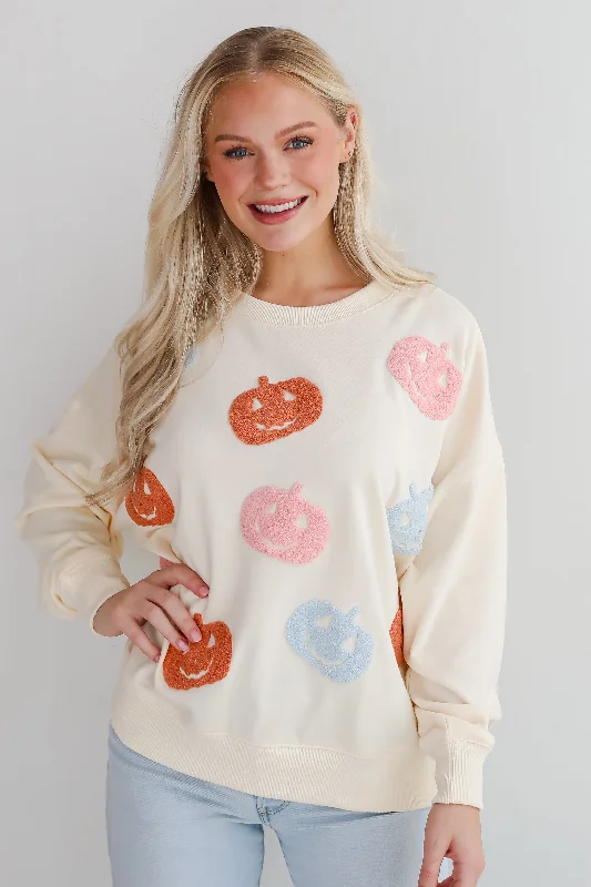 FINAL SALE - Spooky Season Cream Pumpkin Pullover Bishop Sleeve Elegant