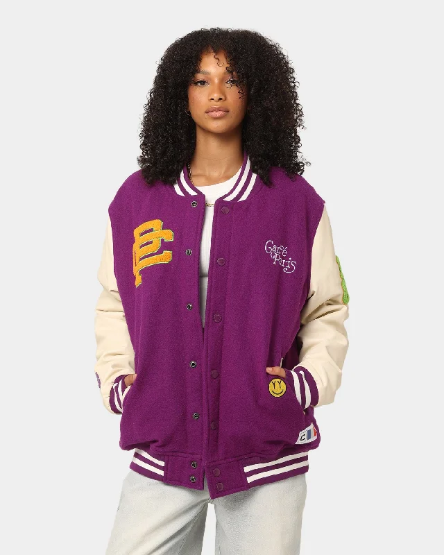 Carré Peace Varsity Jacket Purple A-Line Jacket Boat Neck Shawl Collar