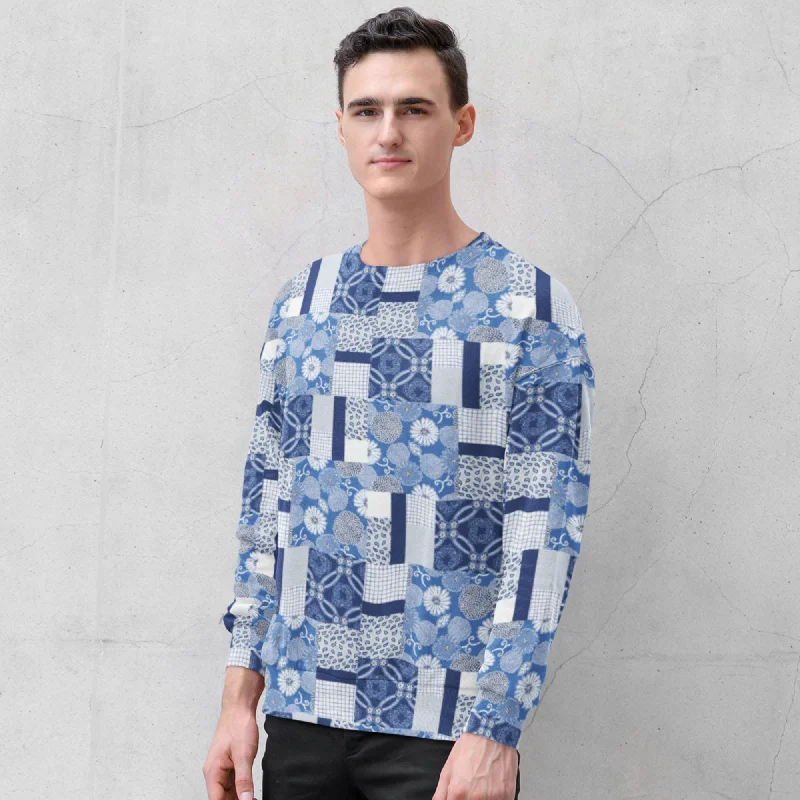 65 MCMLXV Unisex Indigo Patchwork Print Fleece Sweatshirt Hoodie with Distressed Vintage Worn