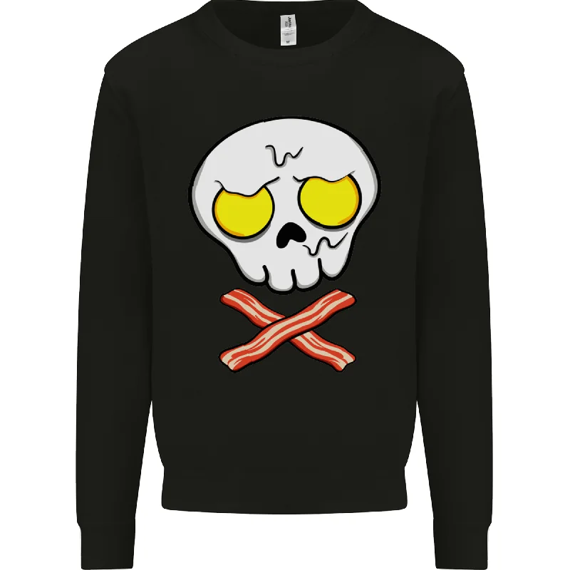 Bacon & Egg Skull & Crossbones Funny Mens Sweatshirt Jumper Hoodie with Hem Fringe Bohemian Relaxed