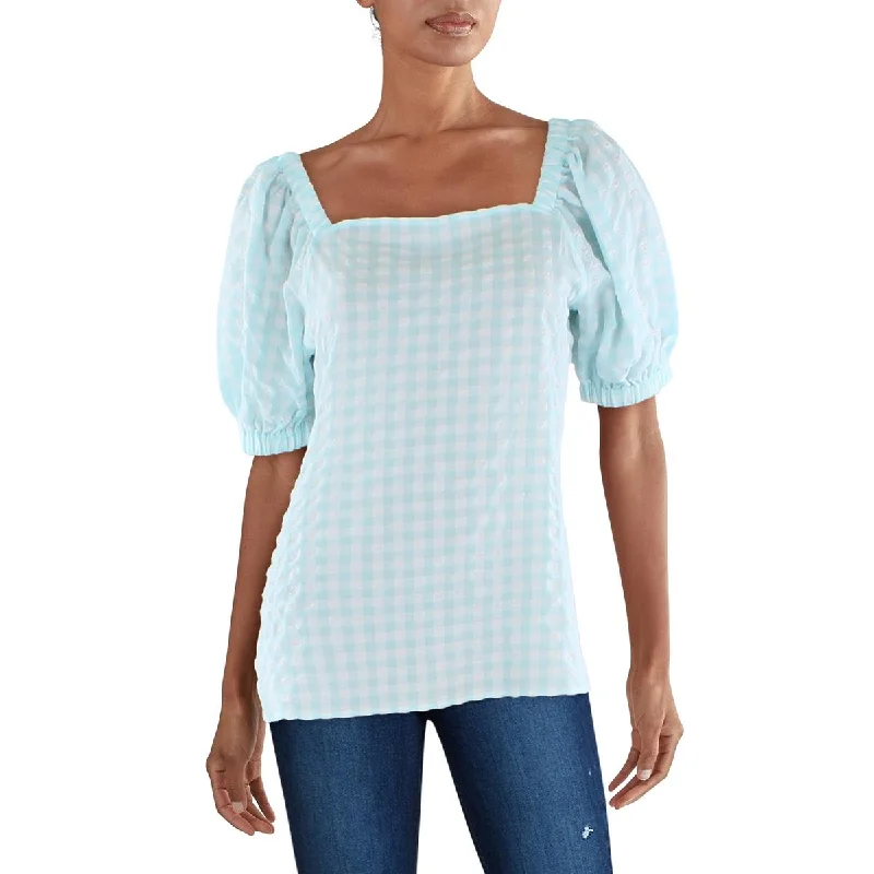 Womens Checkered Square-Neck Pullover Top Elbow Length Sleeve