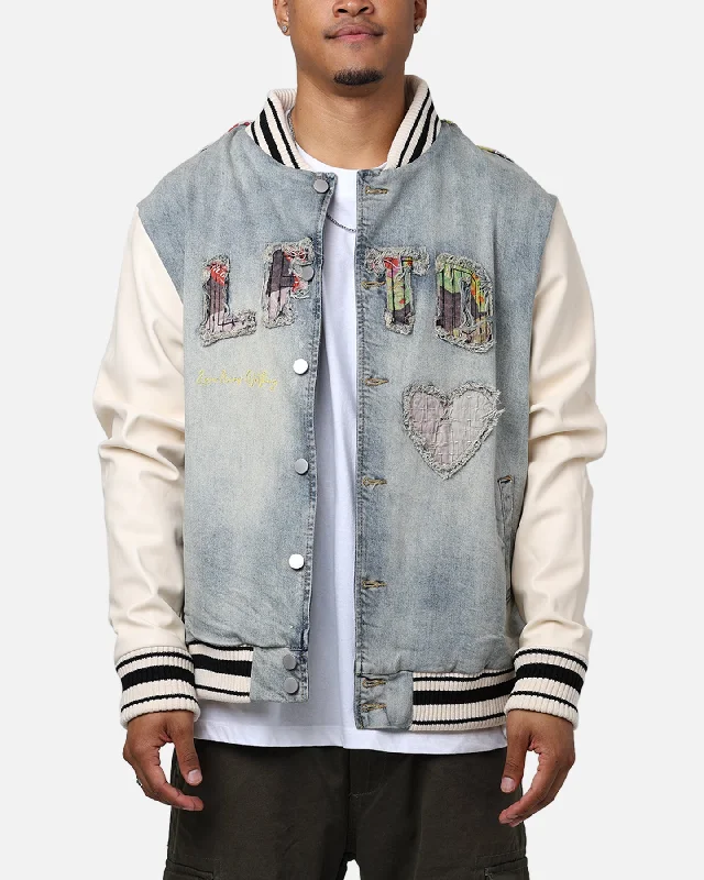 Lifted Anchors "Martina" Boro Denim Varsity Jacket Denim/Cream Striped Jacket Polka Dot Jacket Floral Jacket