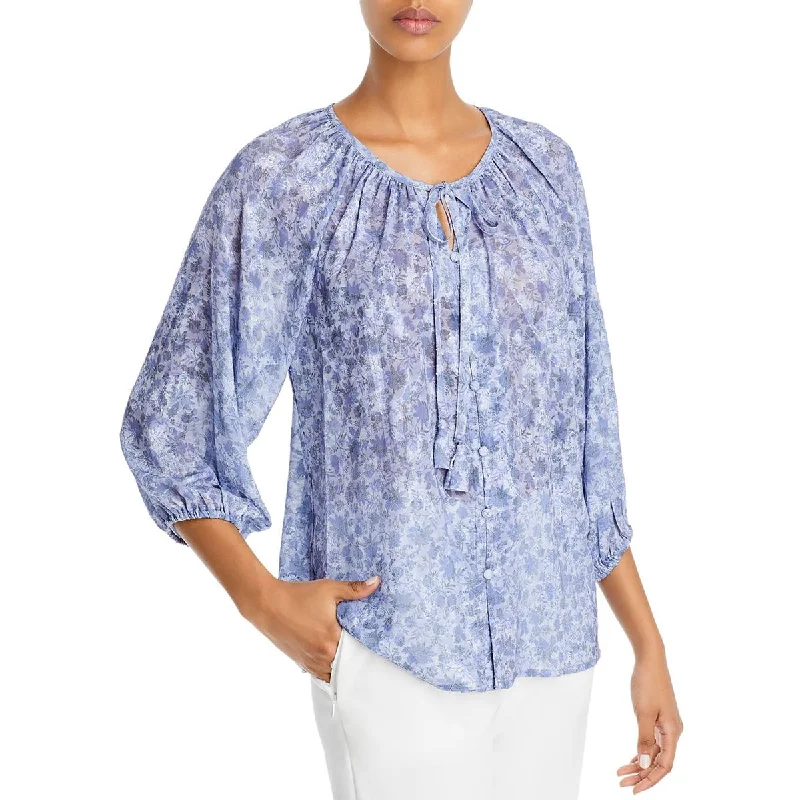 Cupio Womens Floral Iridescent V-Neck Pullover Top Shirred Sleeve Feminine