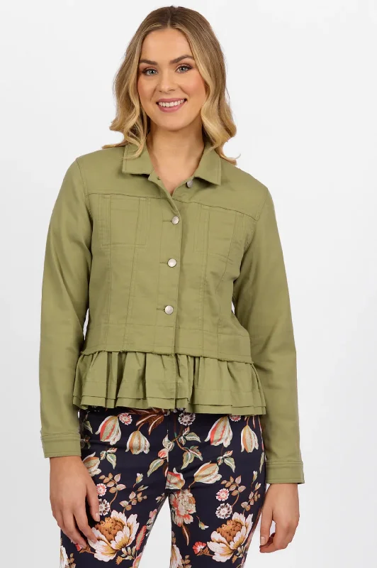 2091 - Jacket with Frill Hem Sage Welt Pockets Slit Pockets Flap Pockets