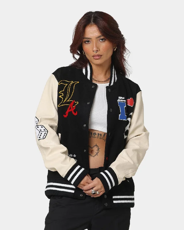 Lifted Anchors State Chenille Varsity Jacket Black Boat Neck Shawl Collar Notched Collar