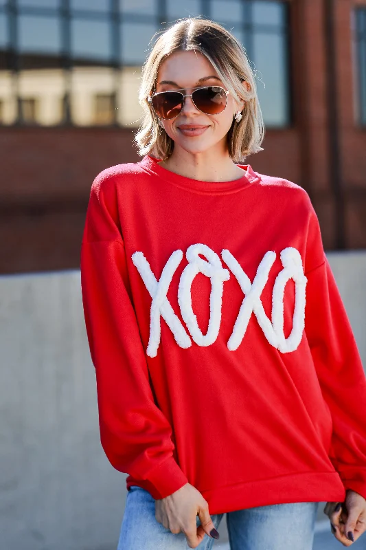 FINAL SALE - Red XOXO Fleece Pullover Cold Shoulder Design