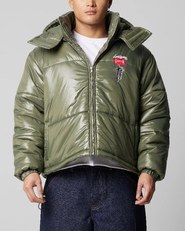 Loiter Star Born Puffer Jacket Green Hooded Jacket Caped Jacket Shawl Collar Jacket