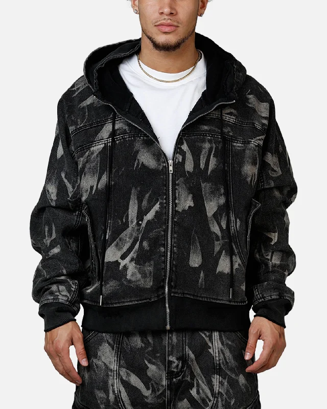 MNML Double Denim Hood Bomb Jacket Black Hooded Jacket Caped Jacket Shawl Collar Jacket