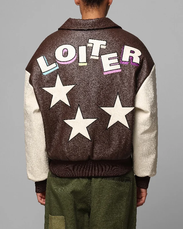 Loiter Solar PU Leather Varsity Jacket Brown/Beige Welt Pockets Slit Pockets Flap Pockets