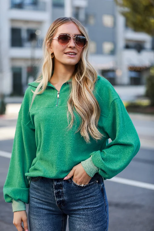 Zoe Brushed Ribbed Knit Quarter Zip Pullover - DOORBUSTER One Shoulder Top