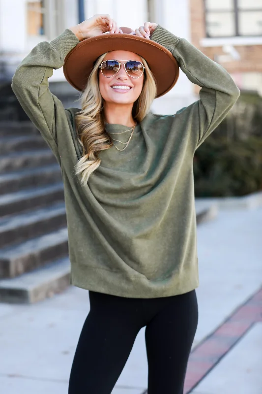 Looking To Snuggle Olive Oversized Pullover Ruffle Sleeve Feminine