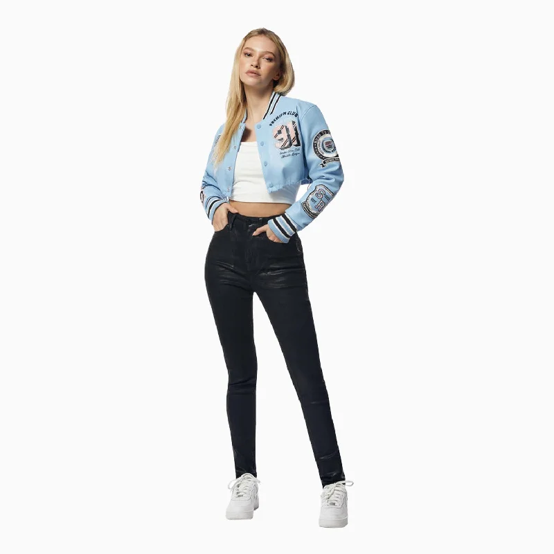 Women's Crop Pu Varsity Jacket Bomber Jacket Anorak Windbreaker