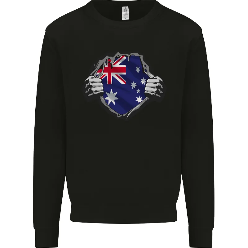 Australian Flag Ripped  Australia Day Gym Mens Sweatshirt Jumper Hoodie with Puffed Sleeves Voluminous Trendy