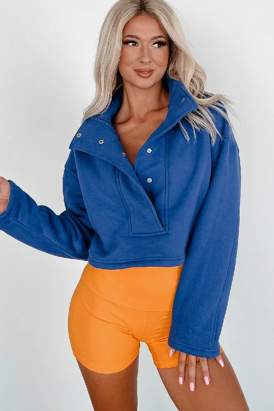 Go-Getter Attitude Cropped Snap-Button Pullover (Blue) High Neck Pullover