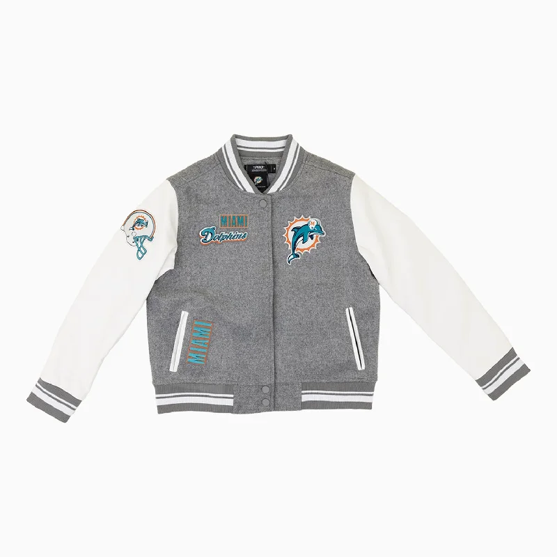 Women's Miami Dolphins NFL Rib Wool Varsity Jacket Wool Fabric Cashmere Fabric Tweed Fabric