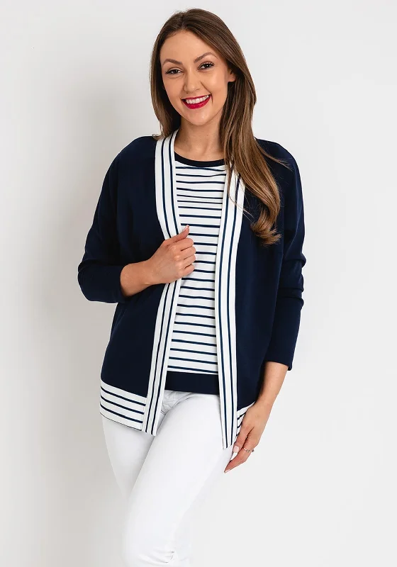 Avalon Stripe Print Jacket & Top Twinset, Navy & White Notch Collar Peter Pan Collar Cowl Neck