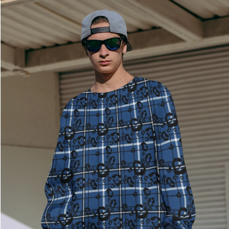 65 MCMLXV Unisex Blue Plaid & Leopard Print Fleece Sweatshirt Hoodie with Set-In Sleeves Structured Classic