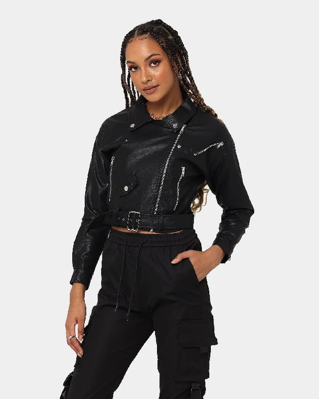 XXIII Women's Luna Crop Biker Jacket Black Knit Fabric Woven Fabric Fleece Fabric