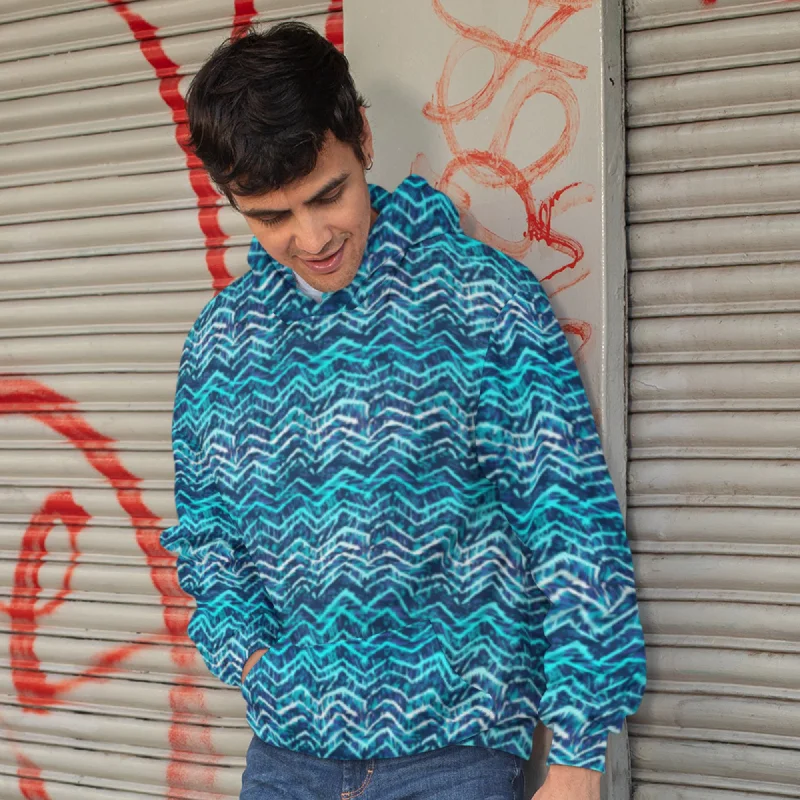 65 MCMLXV Unisex Blue Batik Chevron Print Pull-over Hoodie Hoodie with High-Low Hem Asymmetrical Trendy