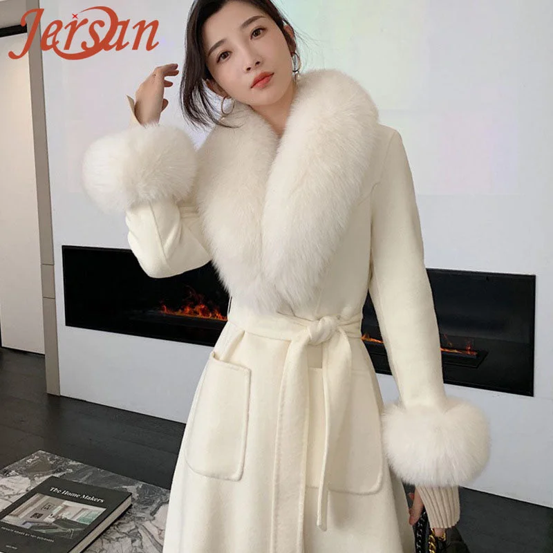 Elegant Style Real Fox Fur Collar Cuffs Women's Winter Long Coats Double Face Wool Cashmere Coat Buttoned Zippered Snapped