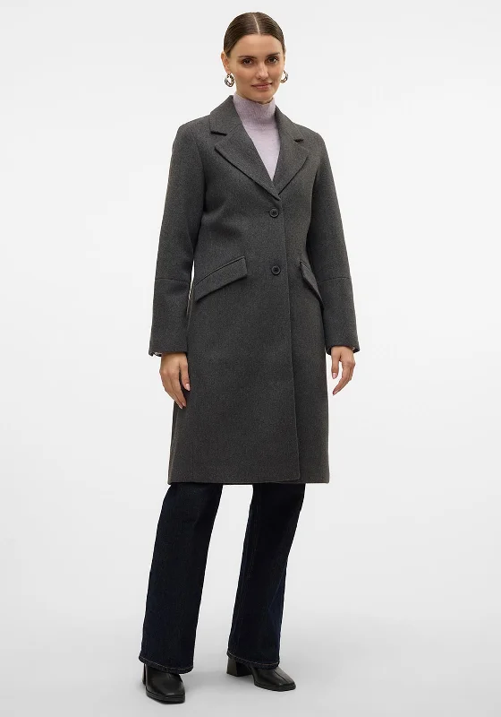 Vero Moda Fortune Sara Long Coat, Dark Grey Trim Padded Insulated