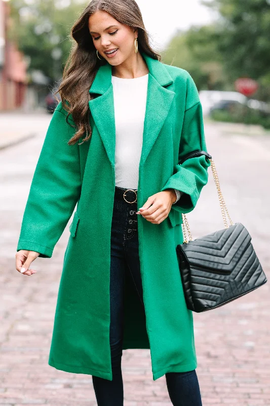 Off To The City Kelly Green Coat Buttoned Zippered Snapped