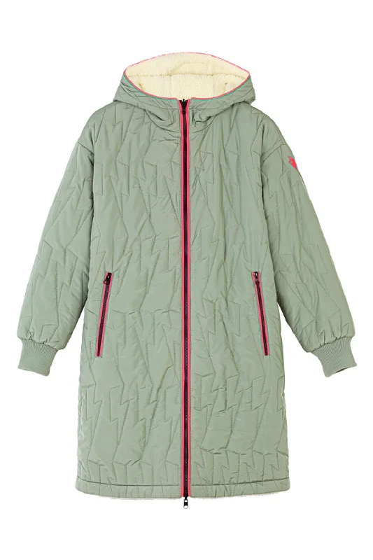 Adults Reversible Quilted Coat Khaki Lightning Bolt Fitted Loose Oversized