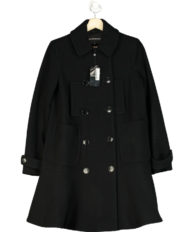 Emporio Armani Black Virgin Wool Peplum Hem Coat UK 6 Tailored Straight A-Line