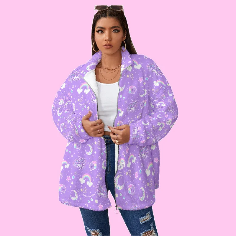 Rainbow Stardust Unicorn Friends Women's Oversized Fuzzy Fleece Coat With Zipper Solid Print Jacquard