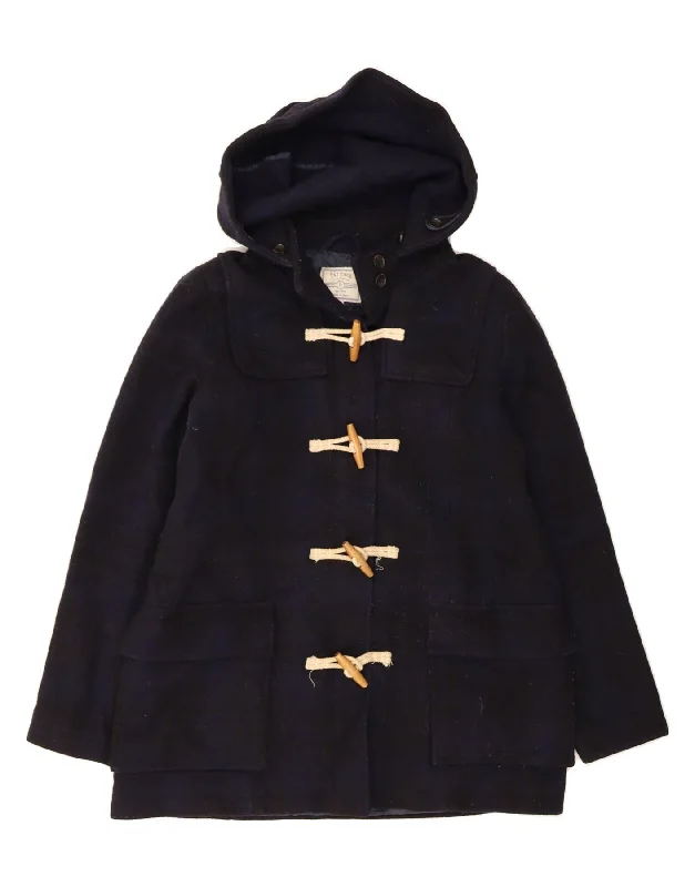 FAT FACE Womens Hooded Duffle Coat UK 12  Medium Navy Blue Check Wool Embroidered Appliqued Beaded