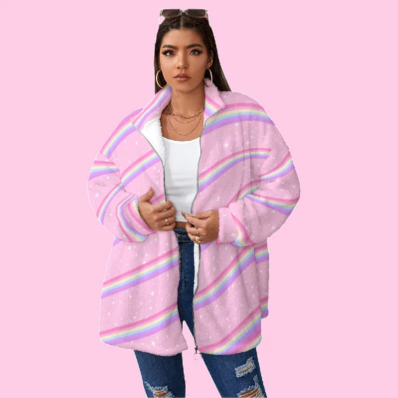 Kawaii Sparkle Cake Rainbow Beam Women's Oversized Fuzzy Fleece Coat With Zipper Herringbone Houndstooth Plaid