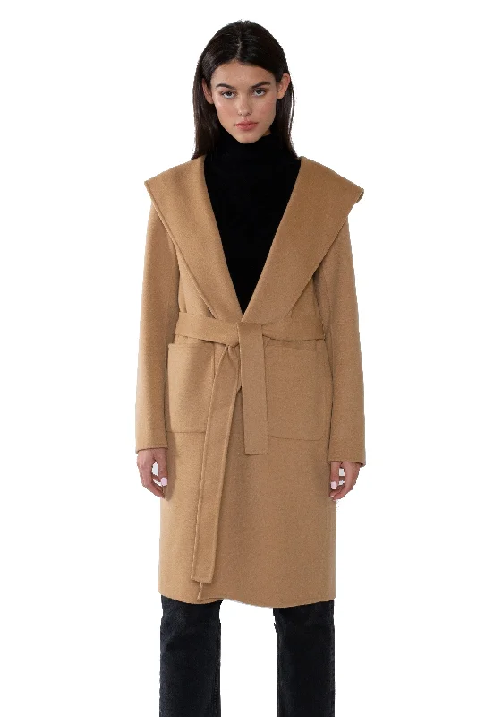 JENNIE LIU WOMEN'S CASHMERE WOOL DOUBLE FACE HOODED TRENCH COAT WITH BELT Parka Anorak Hoodie