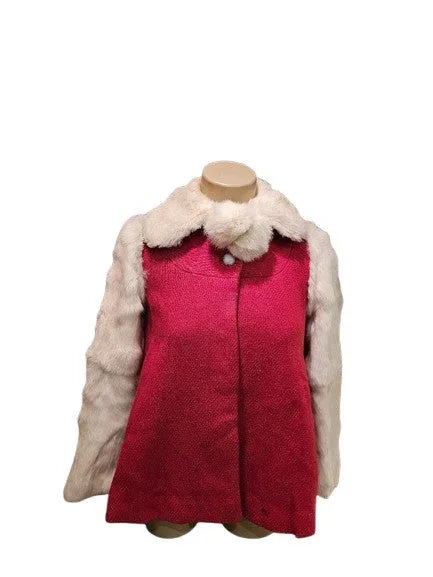 VINTAGE 1940s 1950s CHILD'S CRANBERRY WINTER COAT WITH RABBIT FUR & POM POMS Elasticated Drawstring Belted